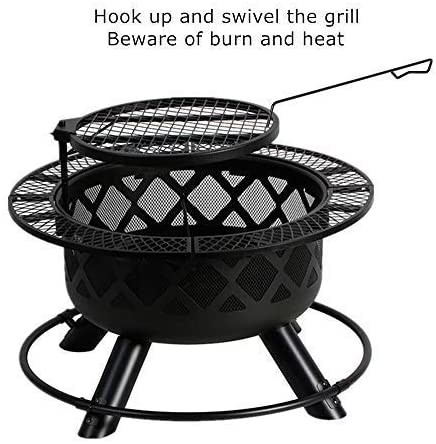 Outdoors Steel Wood Burning Fire Pit Backyard With Cooking Grill 32in 24in