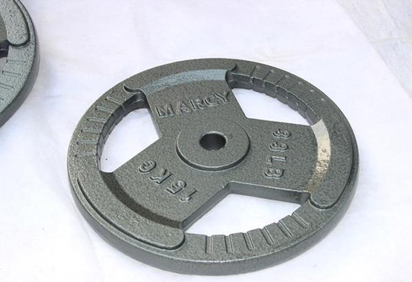 Gray Hammertone weight plates with 3 handles barbell plates