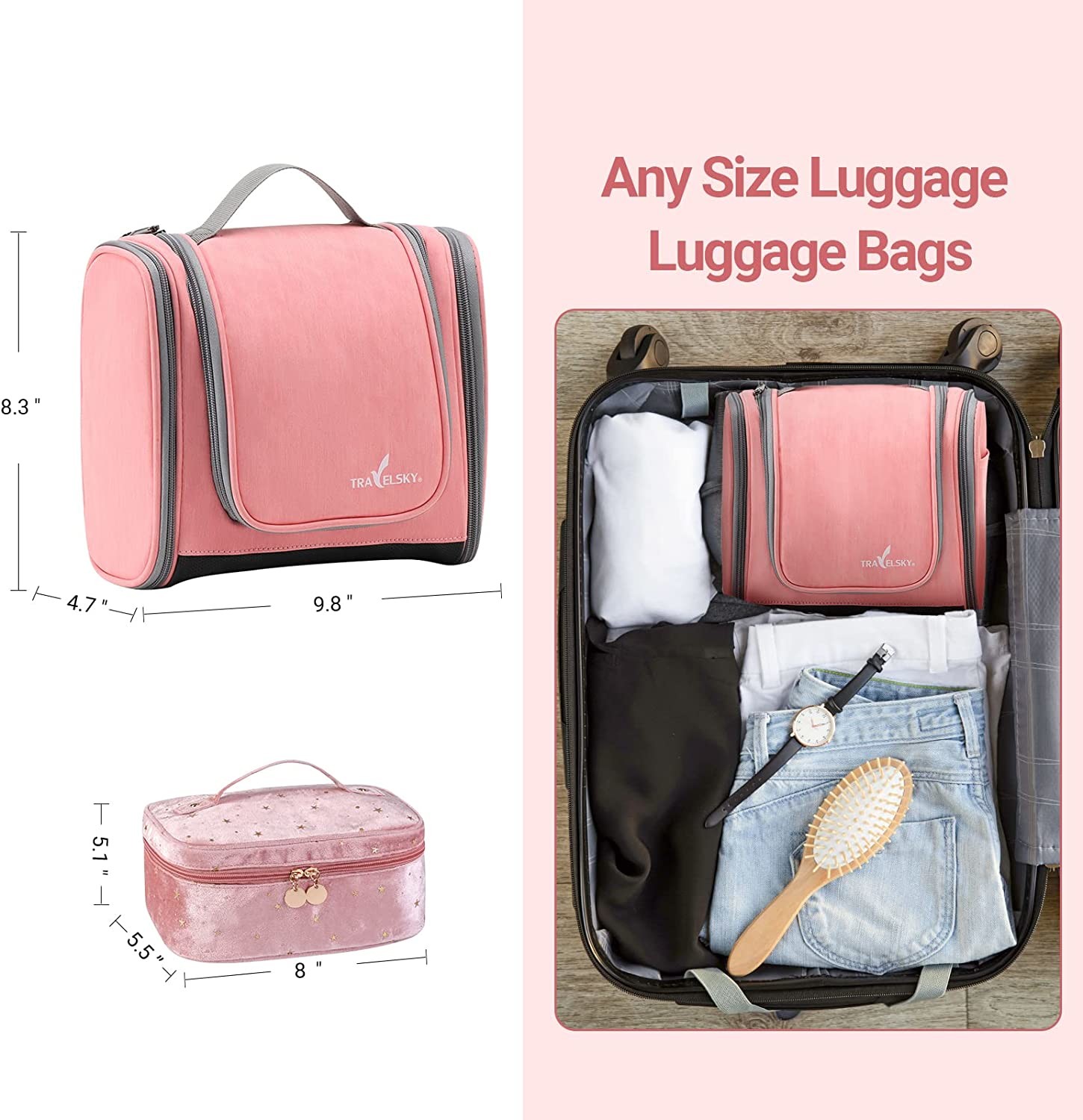 Hanging Toiletry Bag for Women,Pink Makeup Travel Bathroom Bag,Waterproof Medium Ladies Travel Toiletry Bag