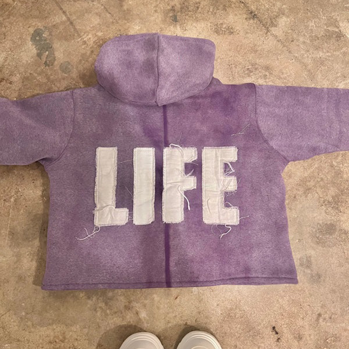 Unisex Vintage Hoodie with Embroidery Patch Distressed Applique in Cotton French Terry