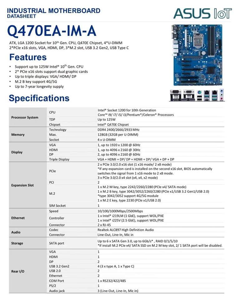 LGA1200 Socket Asus Industrial Motherboard For 10th Gen Processors ASUS IOT Q470EA-IM-A