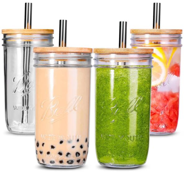 500ml Bubble Tea Cups Reusable Wide Mason Mouth Smoothie Cups Mason Jar Drinking