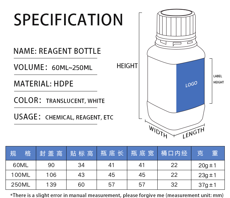 HDPE Translucent Plastic Chemical Reagent Bottle Laboratory Plastic Containers 1L