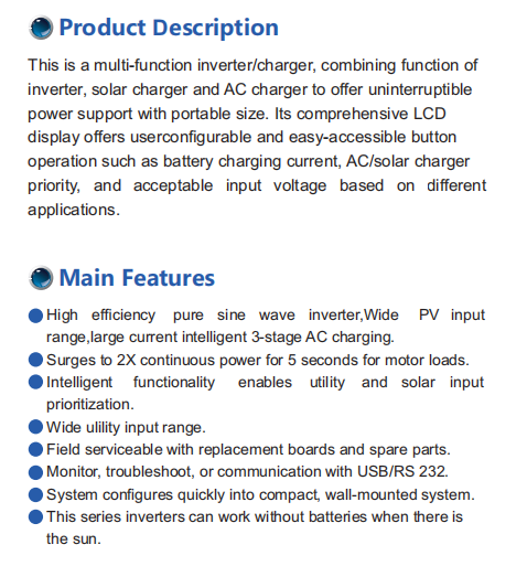Hybrid Pure Sine Solar Inverter Off Grid 3.5KW 5.5KW Without Battery
