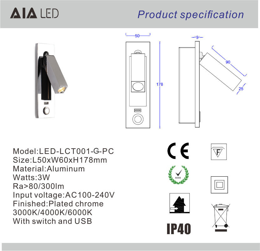 impaction hotel wall light with usb port 3W usb book lighting rechargeable headboard led bed wall light
