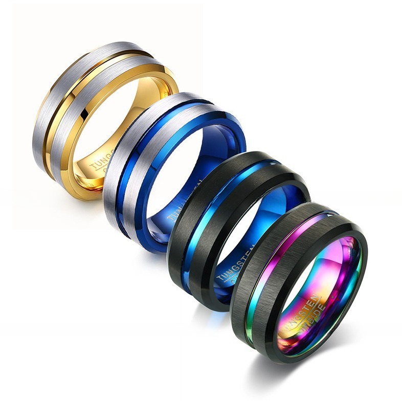 Third Party Appraisal 8mm Brushed Black Blue Gold Tungsten Ring Bevelved Edge Single Groove Mens Wedding Band Comfort Fit