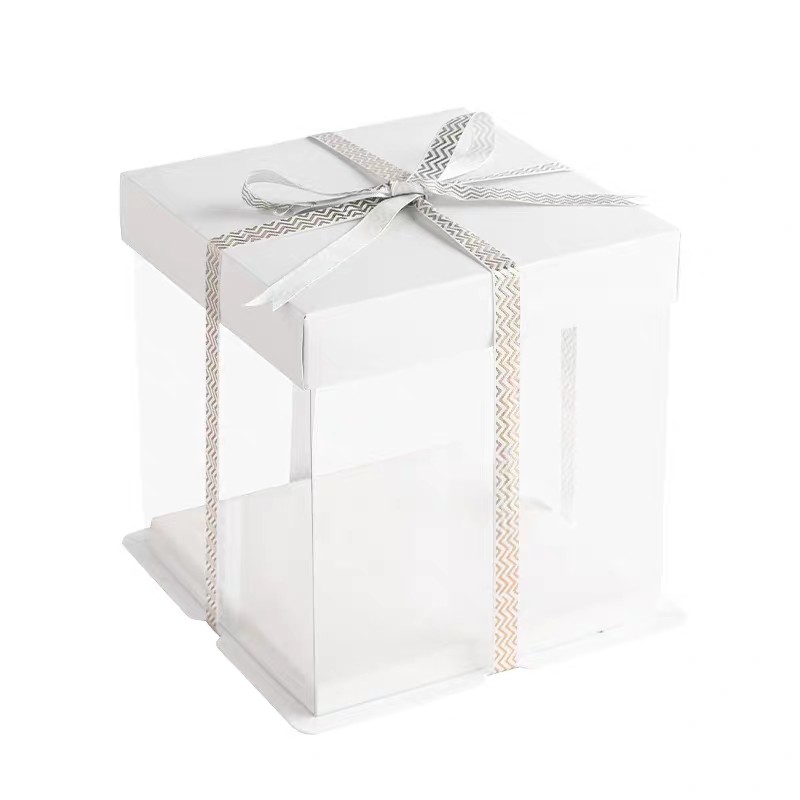 Factory Custom Eco Friendly Food Folders Box for 6 8 10 12 Inch Transparent Cake Box with Ribbon