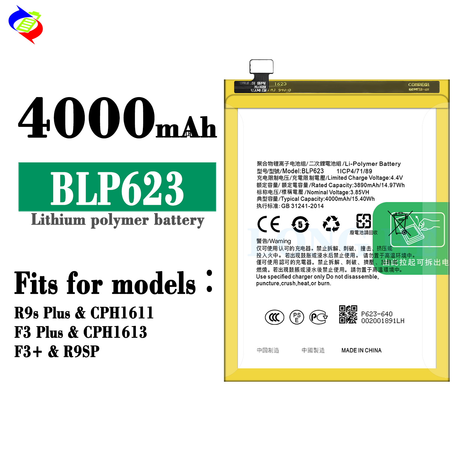 Long Life 4000mAh BLP623 R9S Plus Battery for OPPO F3 Plus F3 Mobile Phone