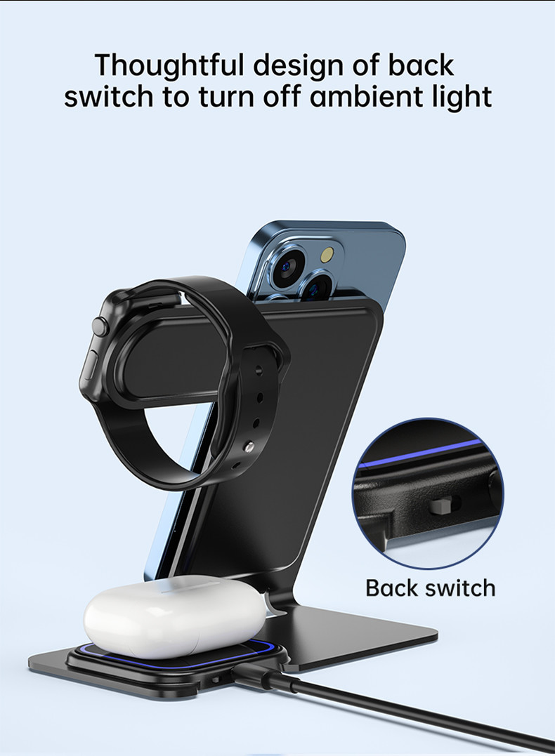Aluminum Alloy 3 In 1 Wireless Charging Stand 15W Power Over Temperature Protection