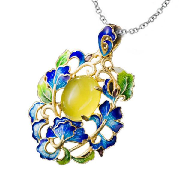 Gold Plated Fashion Colorful Enamel Floral Yellow Agate Pendant Necklace