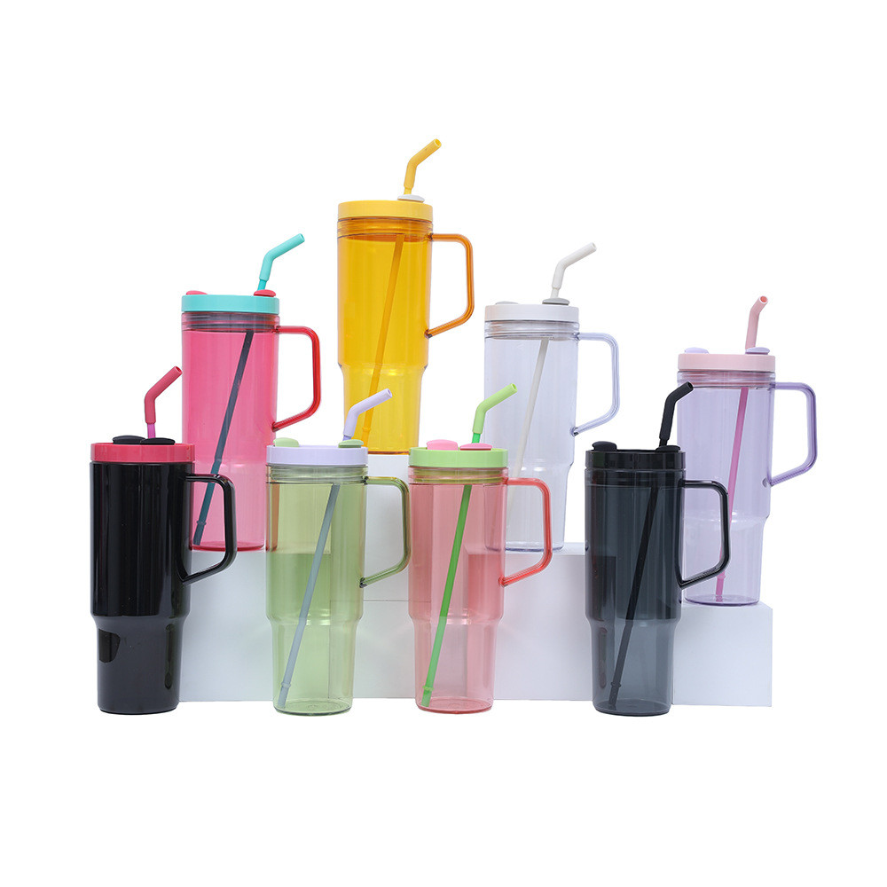 Customized Logo 40 Oz Plastic Water Bottle With Handle Straw 1200ml Large Capacity Plastic Reusable Water Bottles Safe With Sealed Double Wall