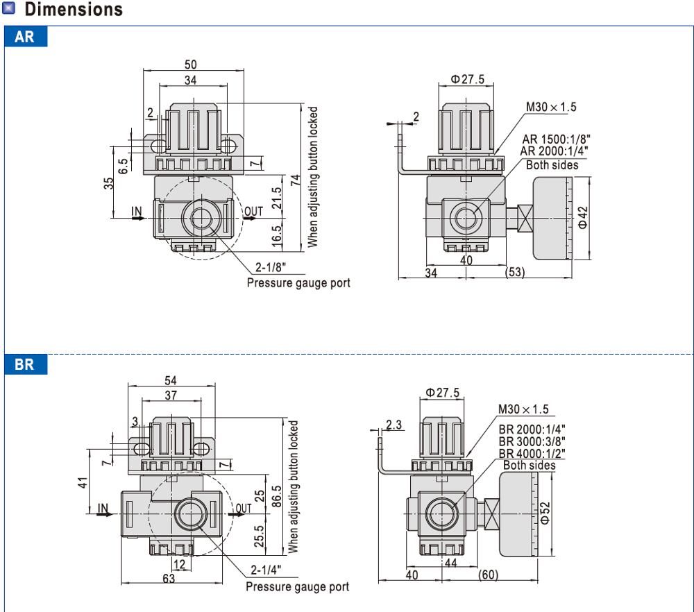 Aluminum Alloy Air Compressor Pressure Regulator Br3000 3 / 8" 0.23kg