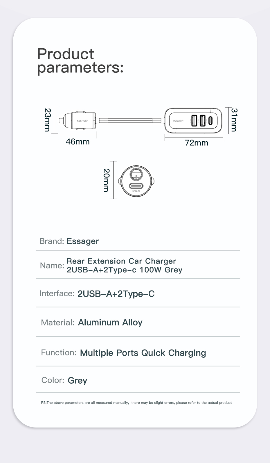 Essager 2022 Doution Car Charger 1.5m Extension Cable 2C2A 100W Car Charger For Huawei Xiaomi Mobile Phone