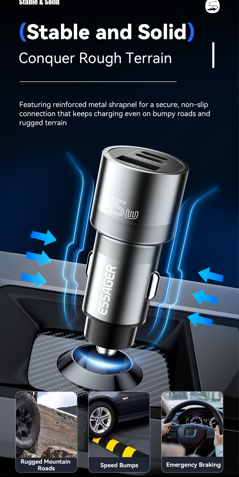 ESSAGER ES-CC14 Series 3 Ports 45W USB L USB C Type C Fast Car Charger