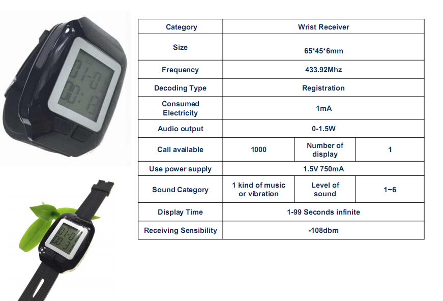 Wireless remote control restaurant kitchen equipment vibrating wrist watch