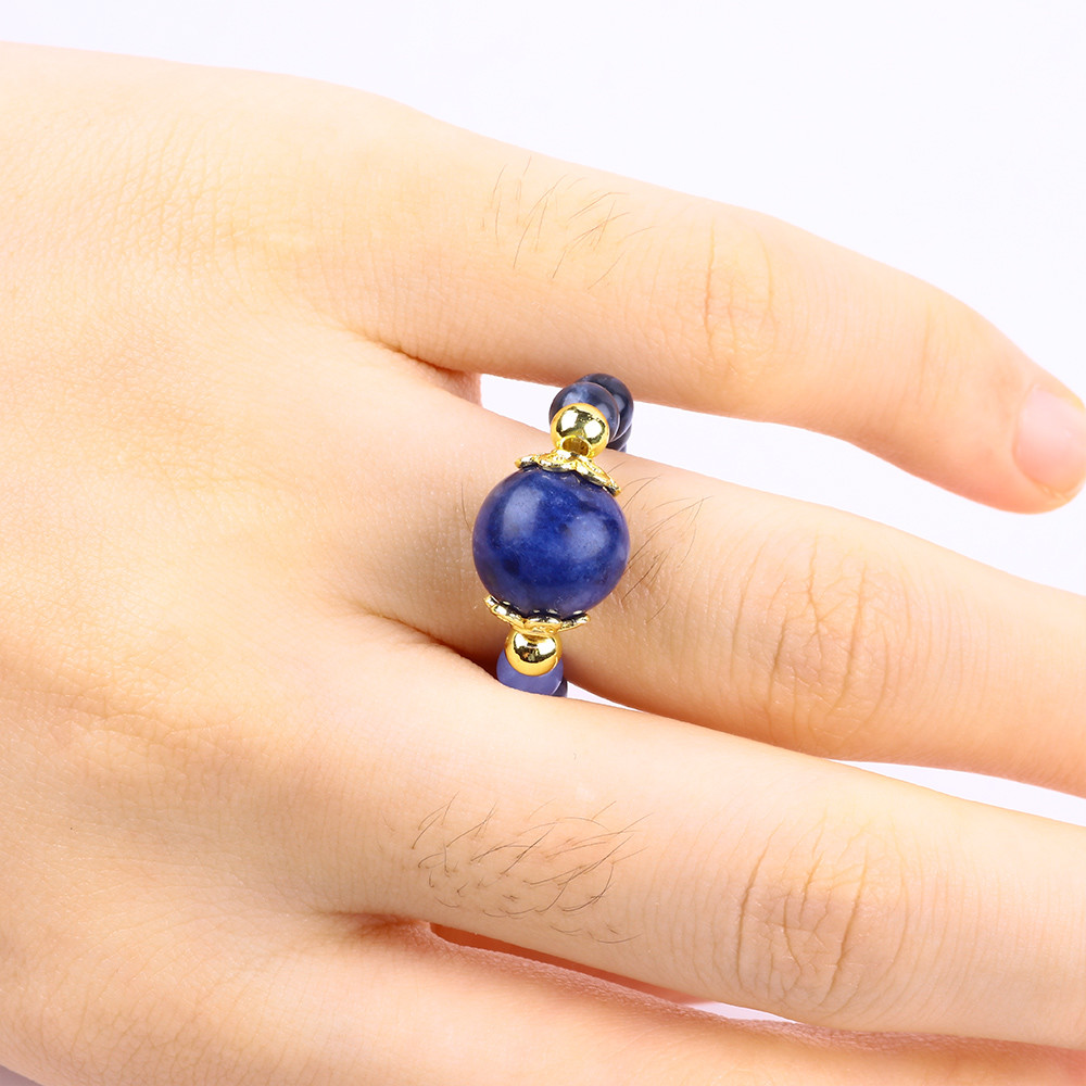 Natural Crystal 4MM Blue Sodalite Copper Gold Plating Elastic Rope Ring For Jewelry Gift