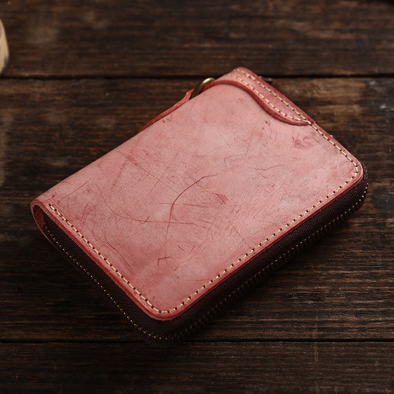 Japanese Style Hanging Ring Men's Short Wallet with Zipper and Vegetable Tanned Leather