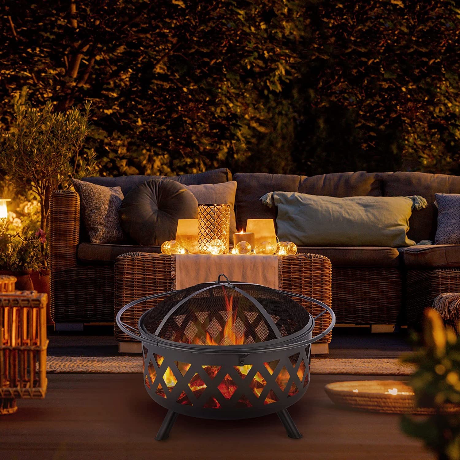 Round Portable Wood Burning Fire Pit Camping Bonfire With BBQ Grill