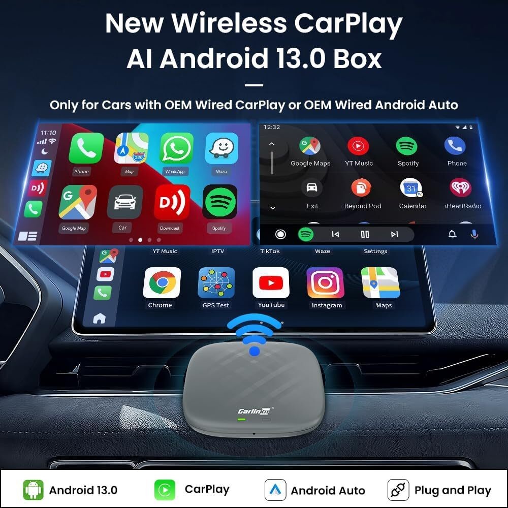 Wired to Wireless Adapter Carplay To Multi Media Tbox S Model 4G + 64G Carplay Ai Box Android 13 System Car Play TV Box 1080p
