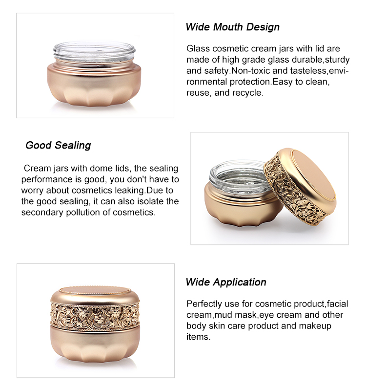 Round 30g 50g Glass Cosmetic Container Gold Stamping Embossment