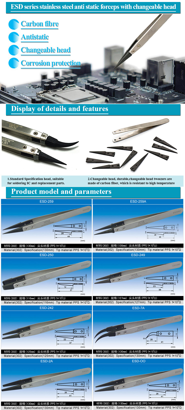 Pinzas Ceramic Tipped Tweezers ESD Stainless Steel High Temperature Resistant