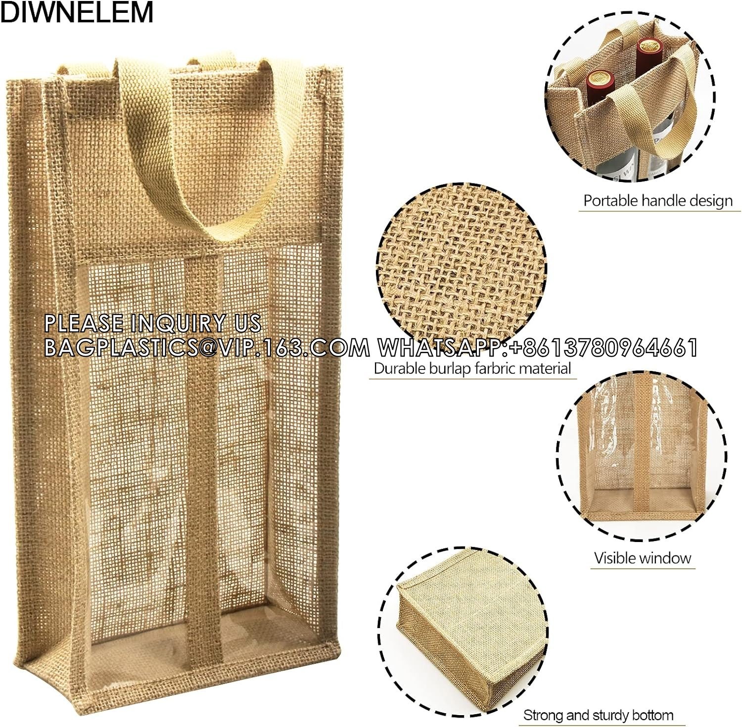 Burlap Wine Bottle Bag Jute Wine Tote Gift Bag With 2 Clear Window And Handle Wedding Birthday Festivals Souvenir