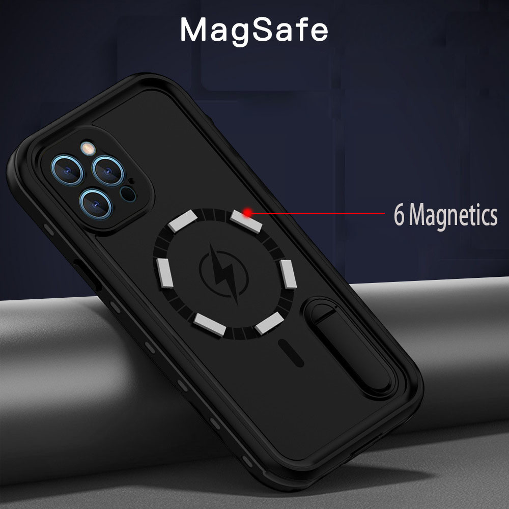 Waterproof Finger Grip Phone Case Magsage Wireless Charge Shock Free Built In Stand