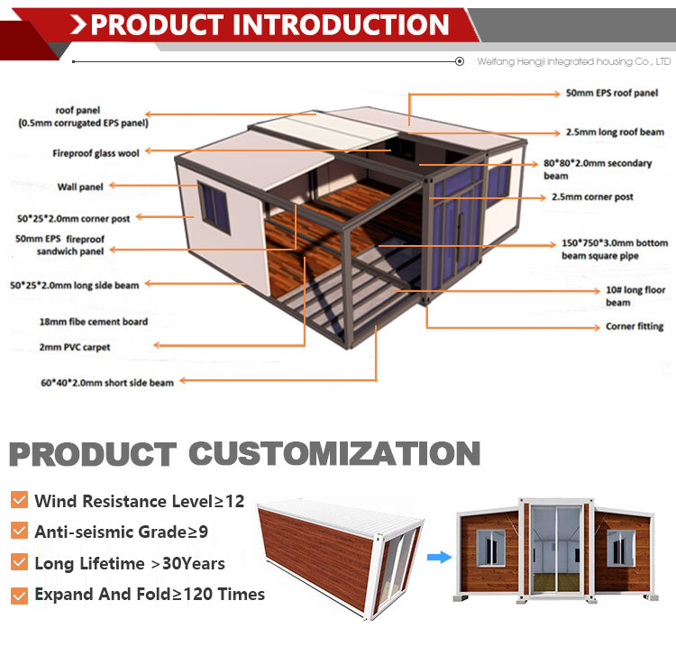EPS Sandwich Panels Wall 20ft 40ft 3 Bedrooms Collapsible Expanding Container Home House