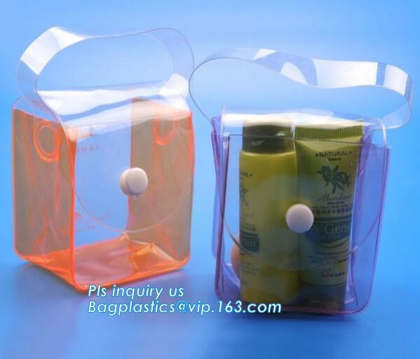 pvc packaging shopping handle bag with button, promotional clear tote pvc handle shopping bag pvc tote bag, die cut hand