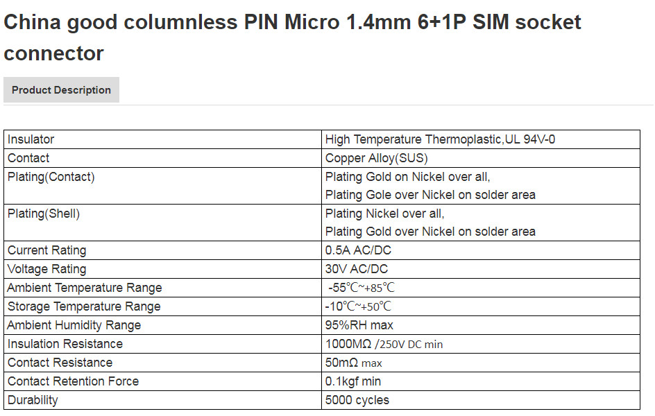 China good columnless PIN Micro 1.4mm 6+1P SIM socket connector