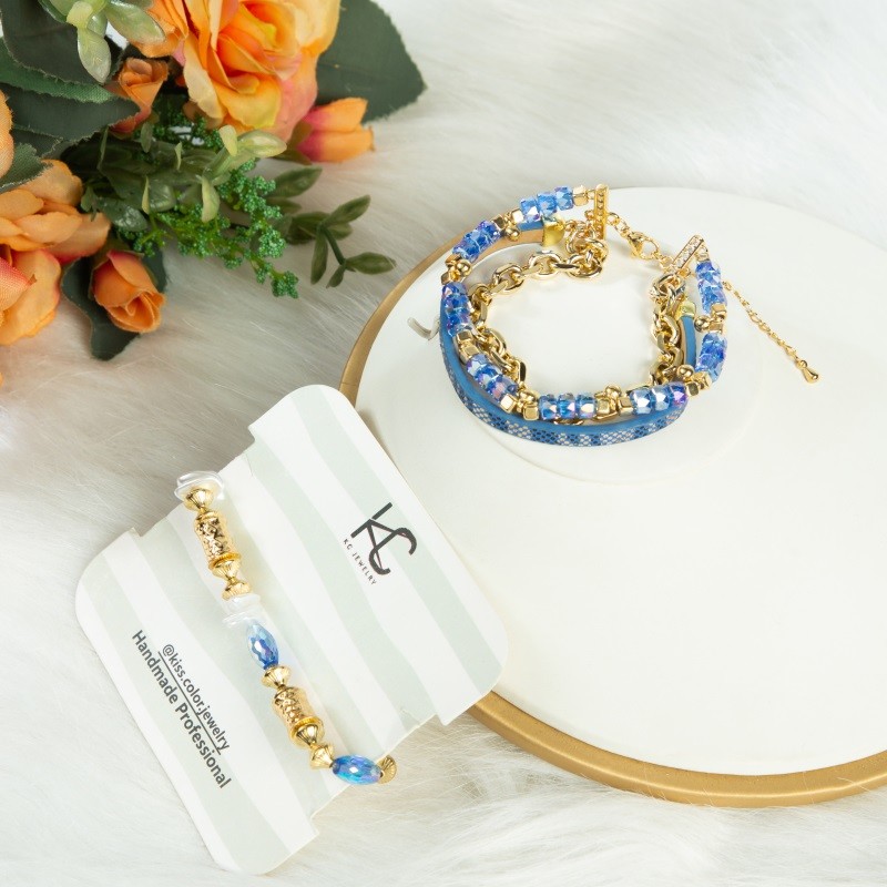 Shiny Blue Crystal Handmade Beads Bracelets Set Adjustable 6.5in