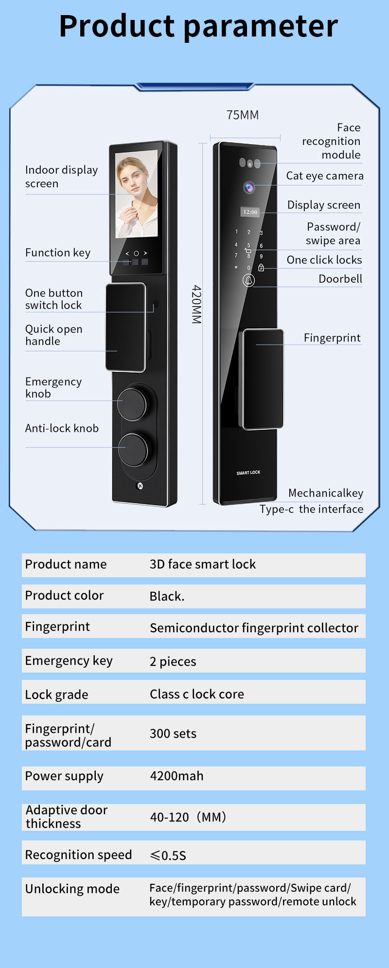 3D Face Recognition Tuya APP Intercom Camera Biometric Fingerprint Smart Locks For Home