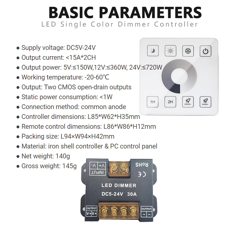 30A RF Single Color Remote Controller With Full Touch 86 Panel Type