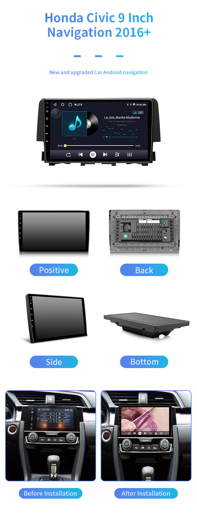 For Honda Civic 2016+ Full Touch Screen All-In-One Machine Bluetooth Car Navigation