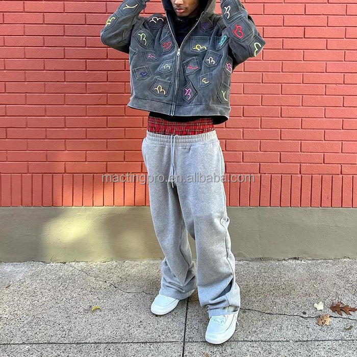 Custom Wide Leg Sweat Pants Cotton French Terry Double Waist Straight Trackpants for Men