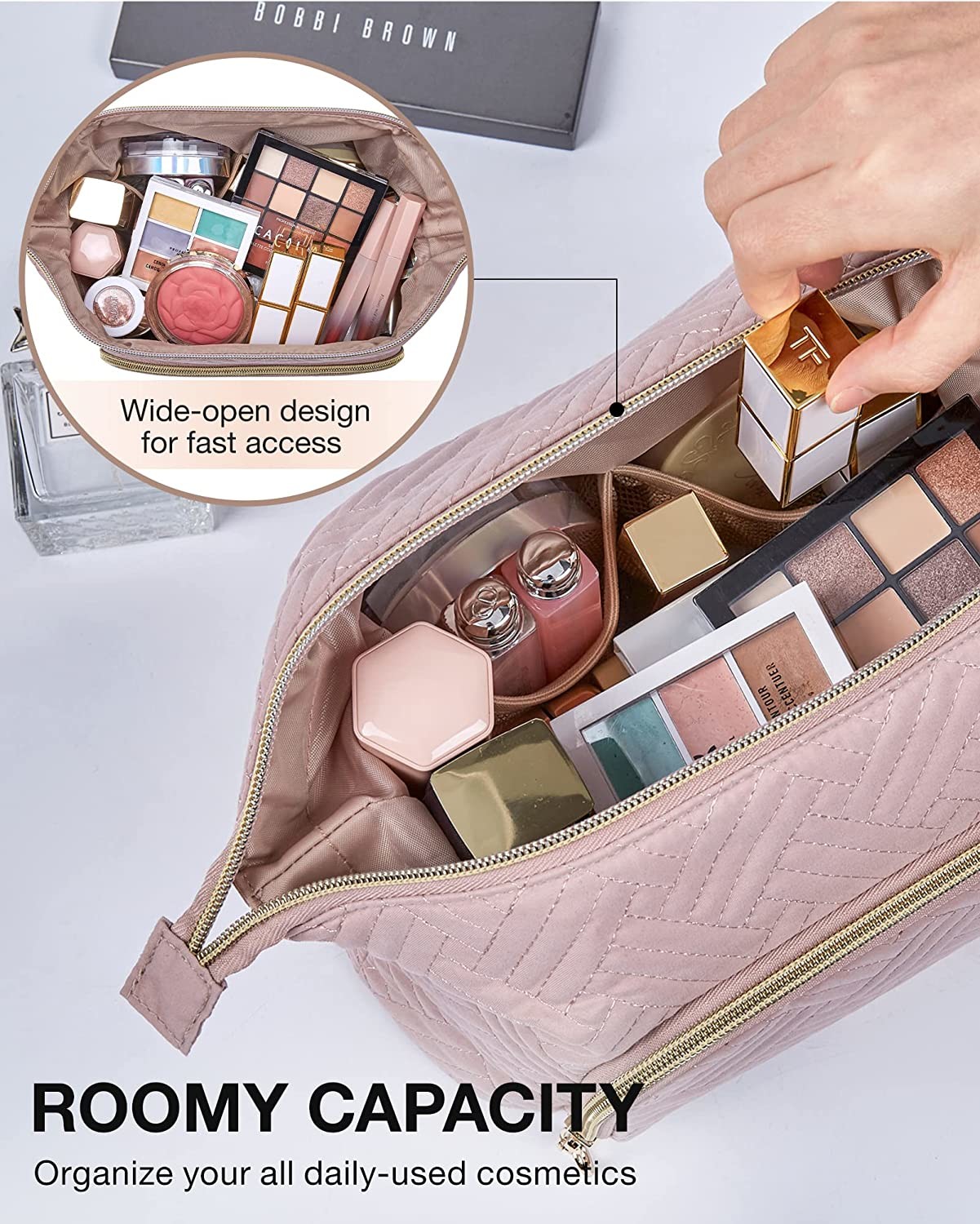 Custom Logo Large Wide-open Travel Makeup Bags Carry All Pouch for Toiletry Accessories Make Up Cosmetic Organizer Case