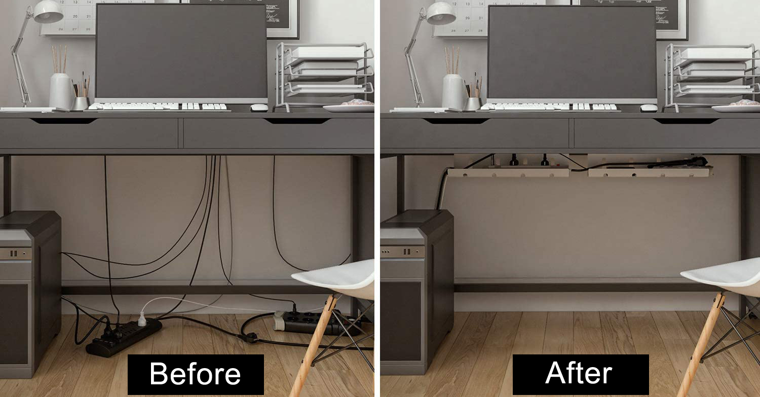 Maximize Space with Perforated Computer Desk Cable Management Rack Tray 43x10x10cm