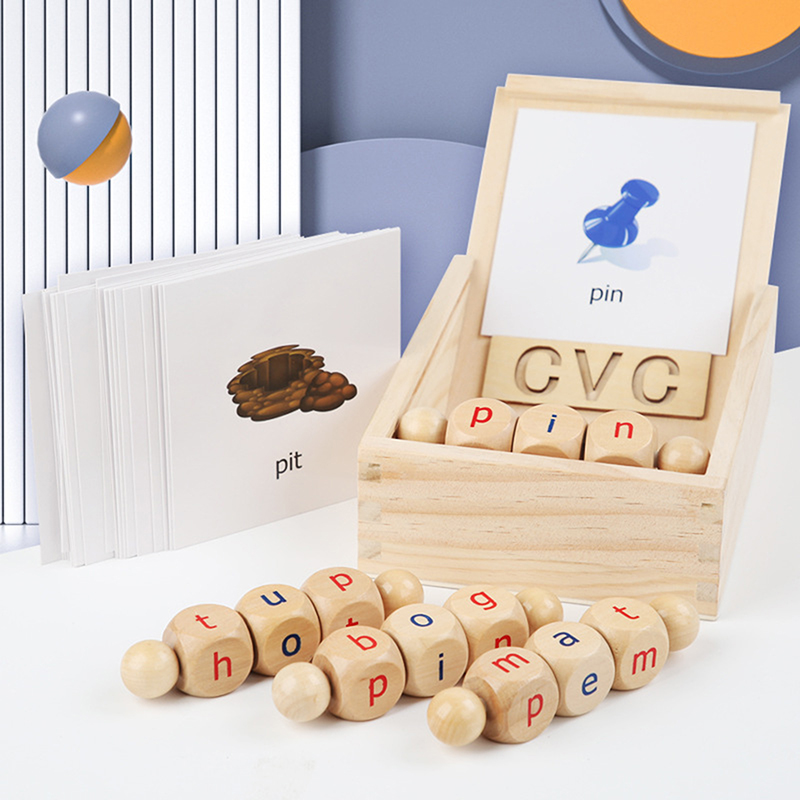 Montessori Wooden Reading Blocks Rotating Letter Spinning Alphabet Learning