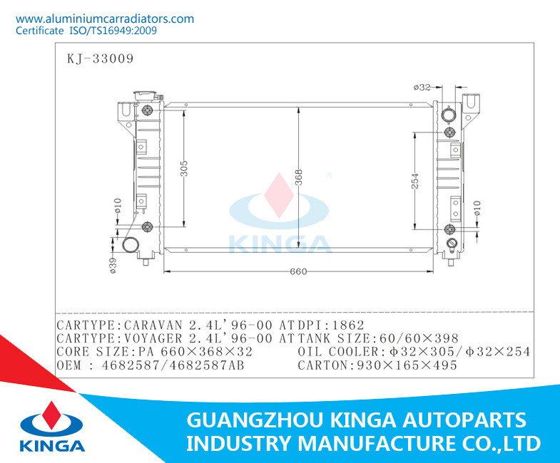 OEM 4682587 / 4682587AB Car Radiator For CARAVAN 2.4L 1996-2000 / VOYAGER 2.4L 1996-2000