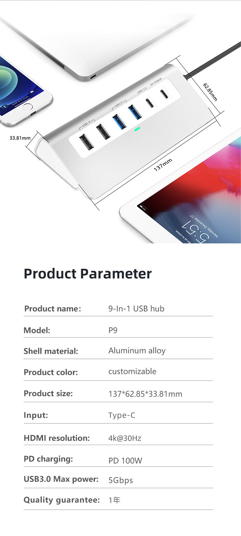 Additional Features 9 in 1 USB-C Docking Station with User Manual and Compact Design Included