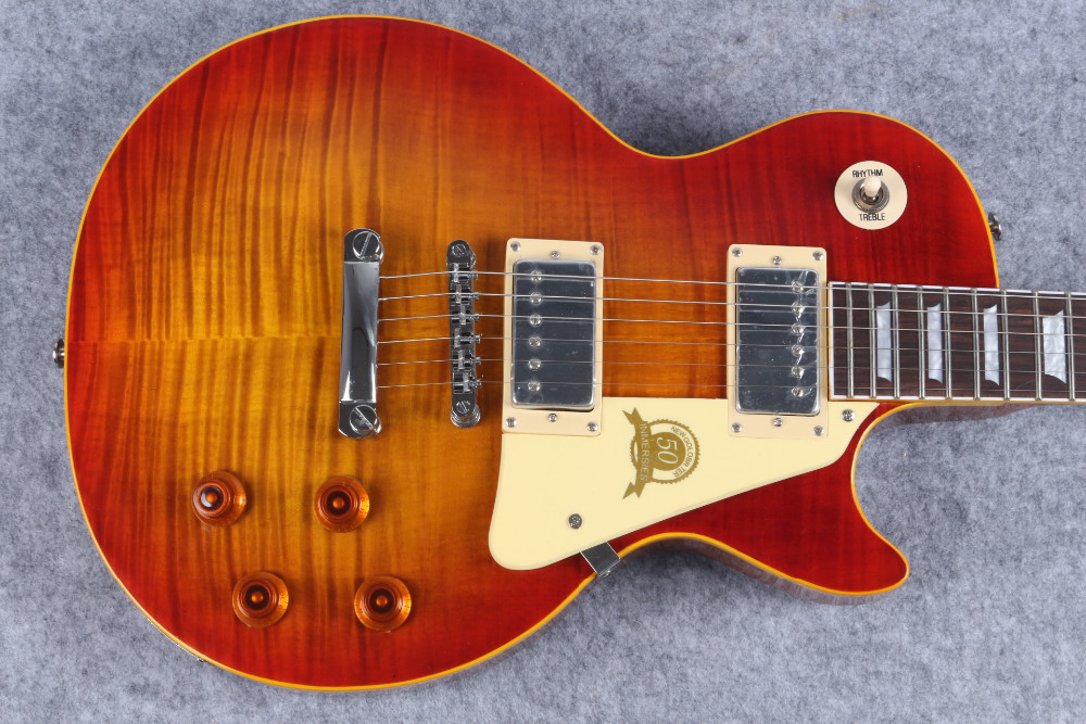 Custom 50th Anniversary LP Reissue electric guitar,Aged Vintage Cherry Sunburst tiger flame musical guitar free shipping
