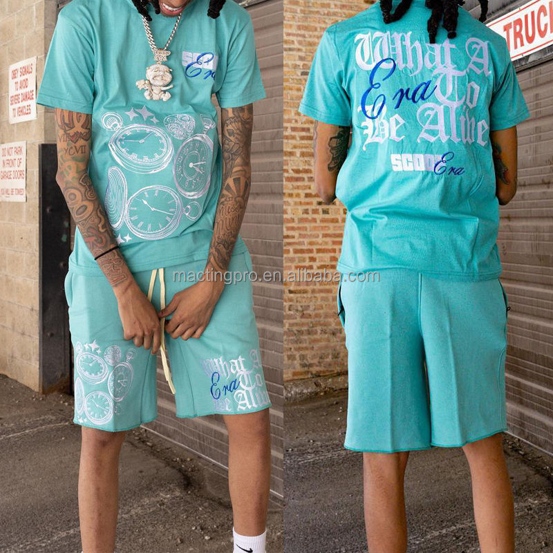 Silk Screen Printing Custom Tracksuit for Men Mens T Shirts and Sweat Shorts Set
