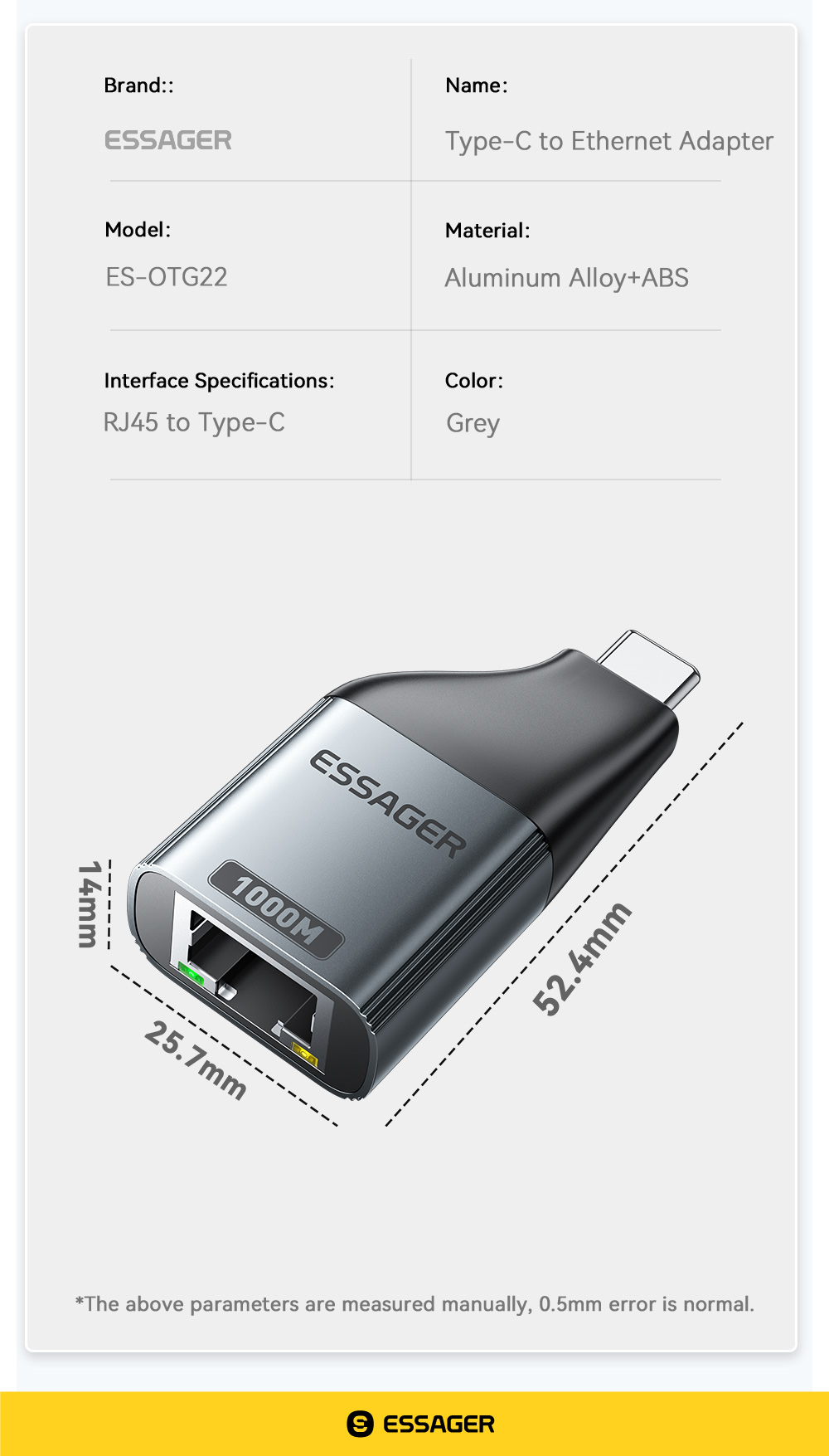 ESSAGER ES-OTG22 Series Type C USB C To Ethernet Adapter 100 1000 Mbps