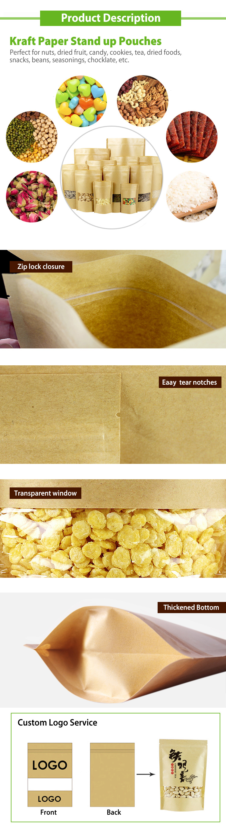 Nice Quality Food Packaging Stand Up Pouch Reusable Zipper Kraft Paper Bag with Clear Window
