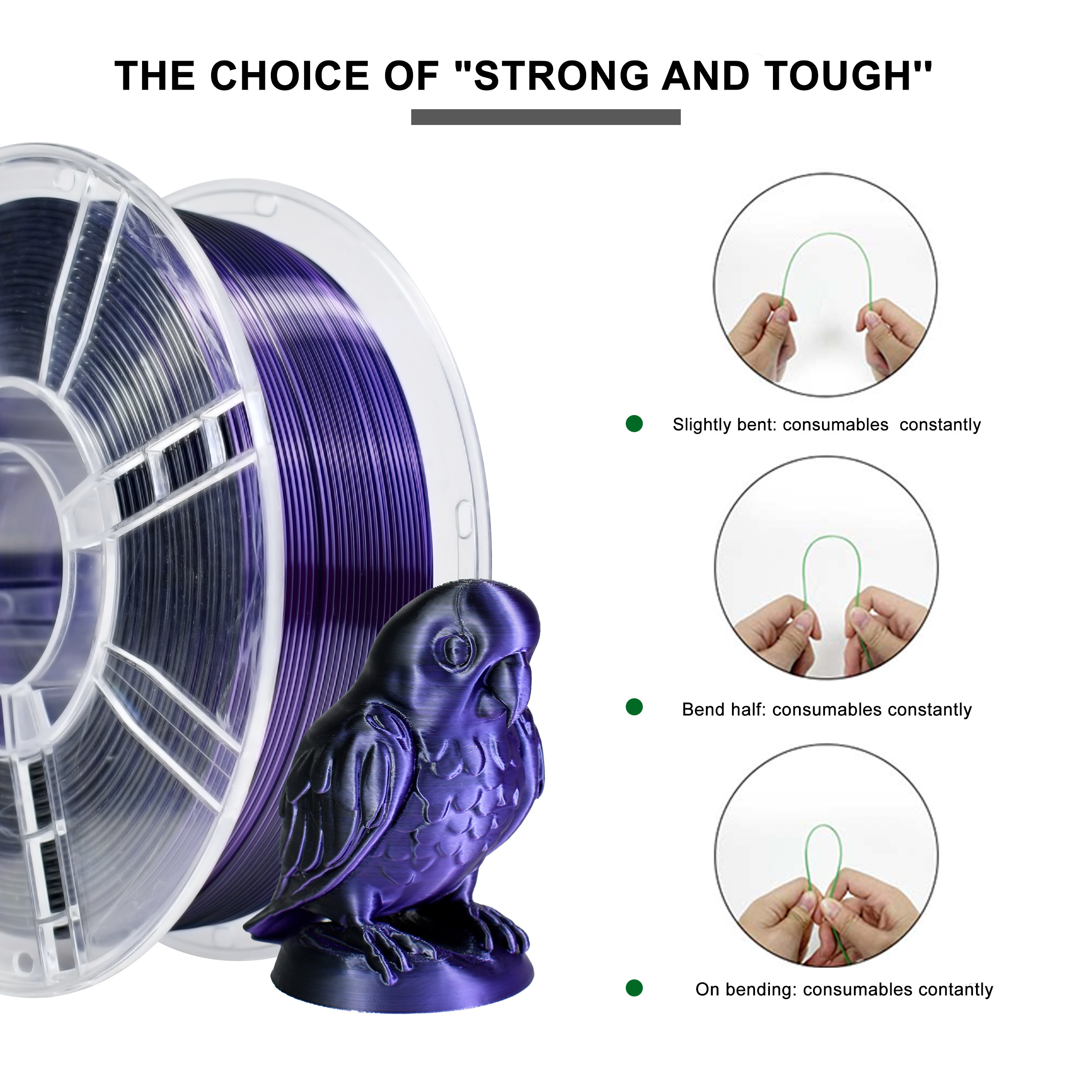 3D Printer Filament PLA Pro Toughness Enhanced Silk Dual Color Purple Black Filament