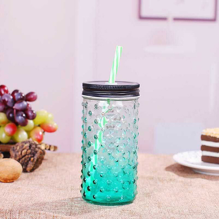 Wavelet dot Shape glass 370ml juice jar mason jar with llid and straw