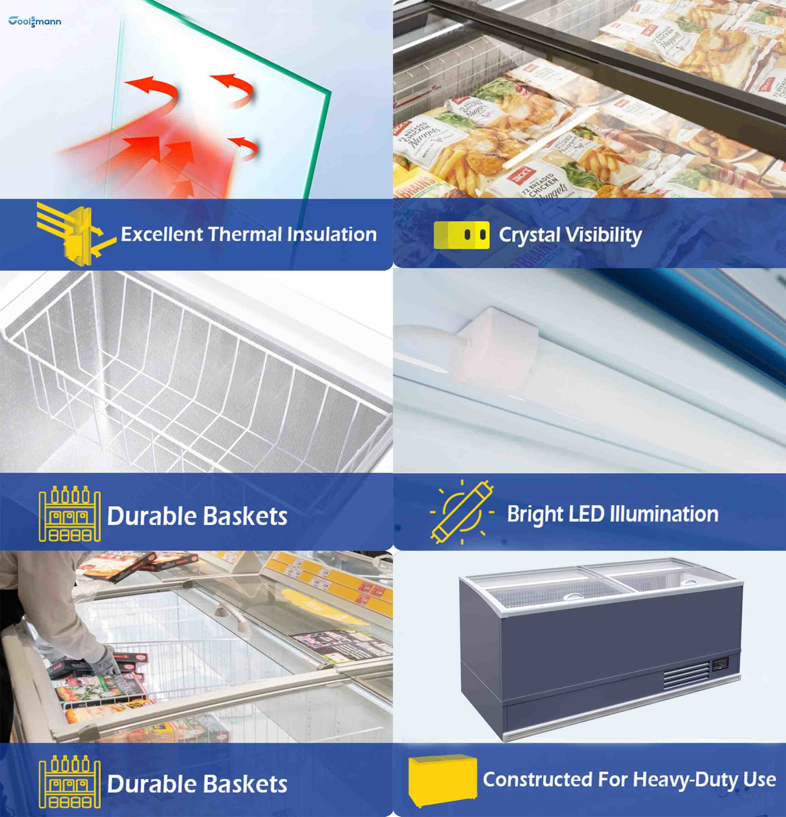Horizontal Supermarket Island Freezer R290 Open Glass Lid Chest Fridge 710L