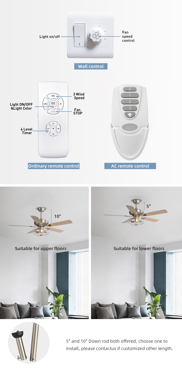Brushed Nickel 2000LM Five Metal Blade Ceiling Fan With Light 65W