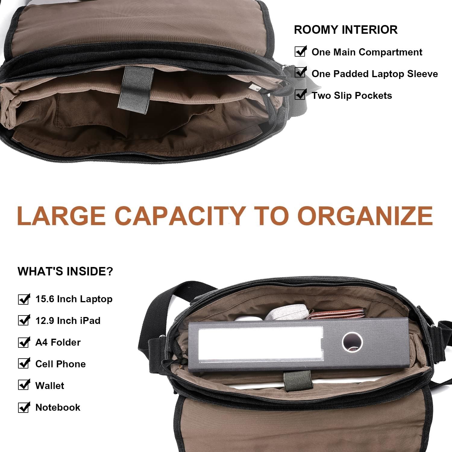 ESTARER MEN MESSENGER BAG 15.6 INCH, WATER-RESISTANT CANVAS COMPUTER BAG WORK BAG, LAPTOP SHOULDER BAG BRIEFCASE SATCHEL