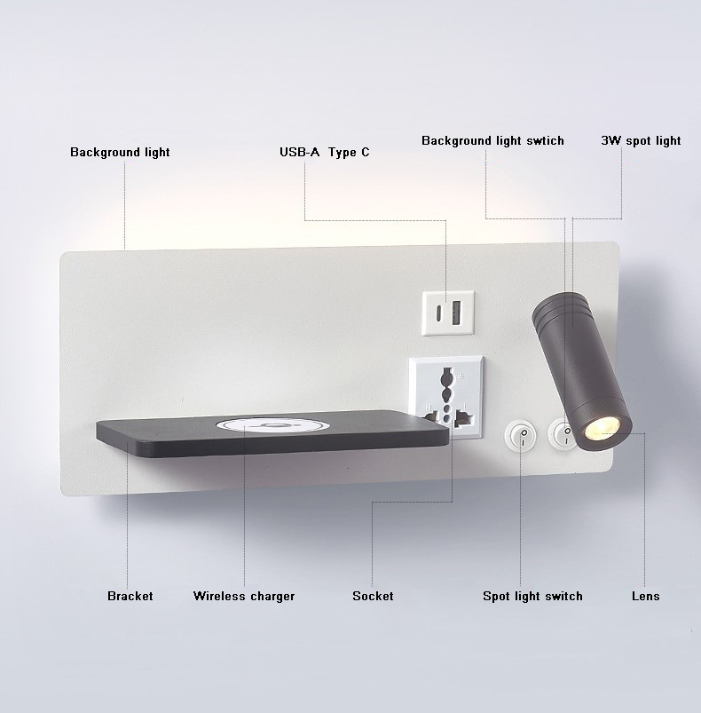 Multifunctional hotel villa apartment reading wall lamp USB Type-C wireless charger socket bedside light bedroom lamp